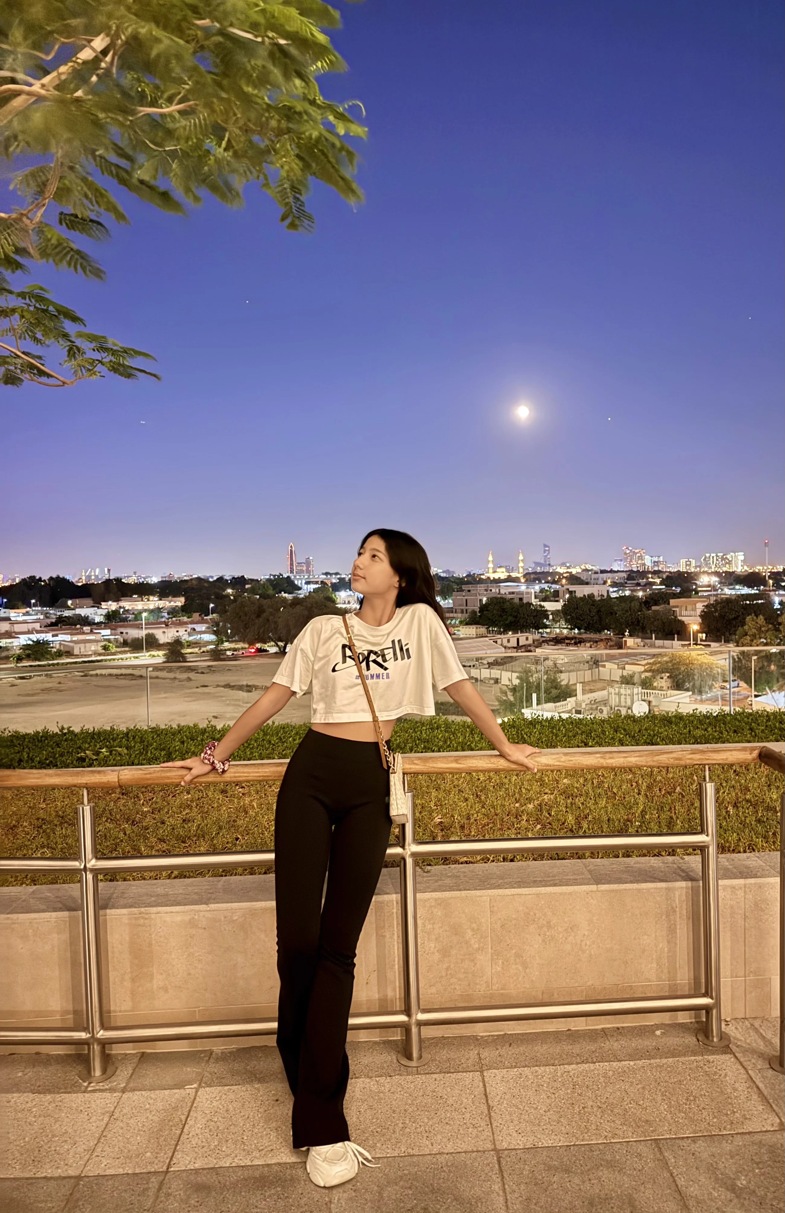 羿玲在迪拜夜景前的生活照